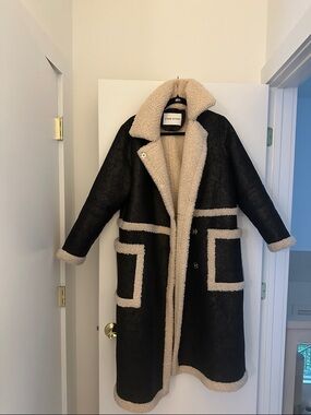 Stand Studio Black Teddy Shearling Coat with Cream Trim